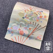Pure Silk 6 Pieces Fukuro Obi, Crane On Fan, Pine Flower, Genuine Gold Leaf, Bri picture