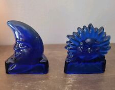 Moon and Sun Candle Holder  Cobalt Blue Tealight Celestial Glass Smiling VTG picture