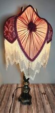 VICTORIAN LAMP SHADE RED BURGUNDY WHITE GLASS BEADED DEMASK RUFFLE - SHADE ONLY picture