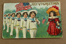 Antique Postcard July 4th Greetings Embossed - Children in Uniform Waving Flag picture