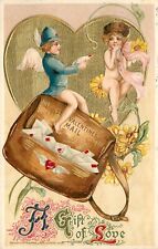 Winsch Schmucker Valentines Day Embossed Postcard Cupids with Letter, Mail Bag picture