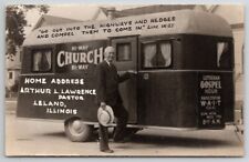  RPPC Leland IL Hi-Way Bi-Way Church Travel Trailer Pastor Lawrence Postcard B35 picture