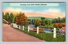 East Union IN, Greetings, Scenic Roadway, Period Car, Indiana Vintage Postcard picture
