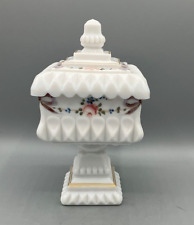 Vintage Westmoreland Milk Glass Pedestal Candy Dish Hand Painted with Lid picture