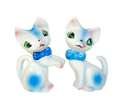 2 Vintage Anthropomorphic Cat Figurines White Blue Bows Kitsch Hand Painted picture