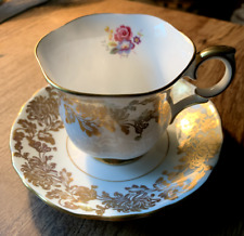 Vintage Cream and Gold Chrysanthemum Teacup and Saucer Rose Crown Staffordshire picture