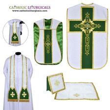 White Fiddleback Vestment Catholic Priest Chasuble Stole Maniple Veil Burse picture