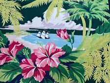Key West Island Style Hibiscus Clipper Sailboat Barkcloth Vintage Fabric PILLOWS picture