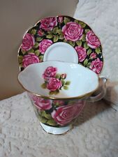 Vtg Royal Albert June Porcelain China Tea Cup & Saucer w Roses on Black Band  picture