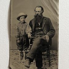 Antique Tintype Photograph Adorable Boy With Grandfather Holding Hand Bare Foot picture