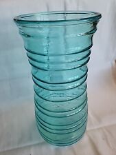 Aqua/Blue-Green Art Deco Style Ribbed Glass Vase / Container 91/2” picture