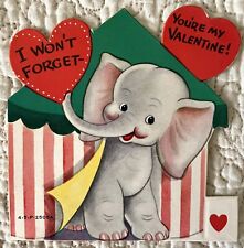 Vintage Valentine Elephant Circus Tent Forget Die Cut Greeting Card 1940s 1950s picture