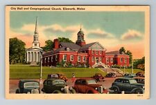 Ellsworth ME-Maine, City Hall, Church, Clock, Period Cars  Vintage Postcard picture