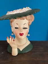 Vintage Napco Lady Head C3343A Vase Lady in Black With Hat Eyelashes picture