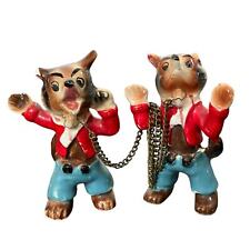 Anthropomorphic Fox Kits Wolf Ceramic Figures Attached w/ Chain Vtg Japan READ picture