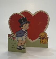 Vintage Valentines Day Card Die Cut Trading Card Used Boy Dog “Give Me A Date” picture