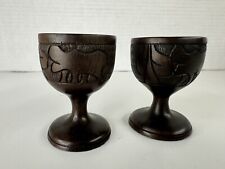 African Wood Pair Hand Carved Exotic Egg Cups With Rino And Hippo Eating Leaves picture