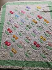 OUTSTANDING Vintage  Multicolored & White Antique Quilt ~flowers Design 86x74in picture