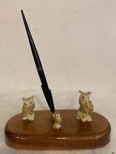 Vintage Fountain Pen Holder Wooden Base 3 White Owls RARE See All Photos NICE picture