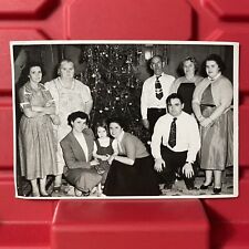 Family Posing By Christmas Tree 5 x 3.5 Photograph Pre Owned Vintage 1940s picture