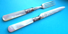 ANTIQUE PEARL HANDLES,DESERT KNIFE & FORK,HAND ENGRAVED,FANCY MOUNTS DATE 1894 picture