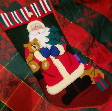 Large 18” Punch Needle Christmas Stocking Santa w/ Teddy Bear Tree Soft Acrylic picture