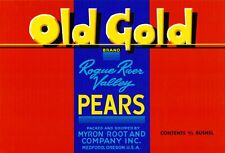 Original OLD GOLD pear crate label Myron Root & Company Medford Oregon red/blue picture