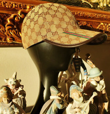 Gucci GG Monogram Beige Canvas Baseball Cap Hat w Leather Brim & Stripes Design~ picture