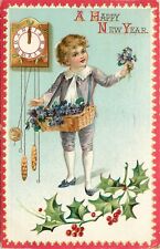 Tuck Golden Year Postcard 603. Happy New Year Boy w/Violets, Clock & Holly picture