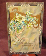 Antique c1905 - 1916  Birthday Postcard #8, Birds & Flowers Theme - Embossed picture