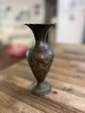 Vintage Brass Engraved Bud Vase 7 3/4” Patina Floral Design picture