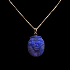 RARE EGYPTIAN ANTIQUITIES Goddess Hathor as Amulet Made Lazuli and Silver Chain picture
