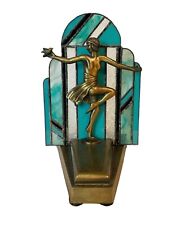 Antique 1920's Art Deco Flapper Girl Lamp W/Stained Slag Glass Panel - Gatsby picture