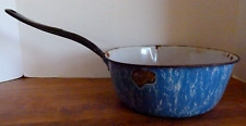 Antique Vtg. Blue & White  Granite Enamel Ware Handled Pot DECOR RUSTY PRIMITIVE picture