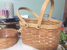 BIG 16x13x9 Double Folding Handle Wood & Wicker Basket Tan Sturdy Base Natural picture