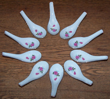 8 Vtg Chinese Soup Spoons Lot/White Porcelain w Pink Roses & Gold Trim/Rice/Miso picture
