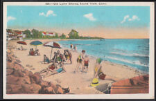 Sunbathers & umbrellas Old Lyme Shores Sound View CT postcard 1930s picture