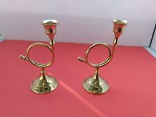 Two Vintage brass French Horn candlestick holders 6.75