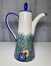 UNIKAT Polish Poland Pottery Chocolate Coffee Pot Floral Flowers SIGNED 11” Tall picture