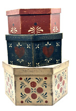 Vintage Set of 3 Primitive Octagon Shaped Papier Mache Stacking Nesting Boxes picture