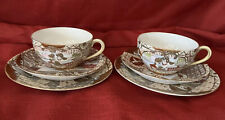 2 Royal Satsuma Nippon Cup Saucer Dessert Plate Sets Hand Painted Antique picture
