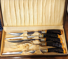 Vtg Flint Hollow Ground Cutlery 5 Piece Carving Set Faux Stag Handles w/Wood Box picture
