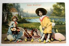 Antique Easter Postcard 1911 Victorian Children Rooster Cart Chicks Vintage  picture