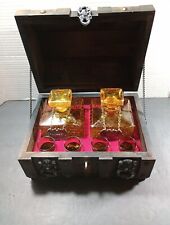 VINTAGE TREASURE CHEST WHISKEY CASE 2 AMBER DECANTERS W/ 4 SHOT GLASSES JAPAN  picture