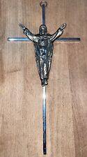 Vintage Metal Crucifix Jesus on Cross 9” Standalone Silver Chrome Decor picture