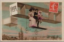 Vintage 1909 French Romance Greetings Postcard Couple in Early Biplane 