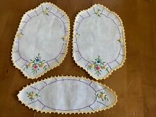 VTG 3 PC DOILY SET  CREAM  with YELLOW EDGING FLORAL picture