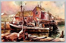 Seascape Watercolor James Murray Seashore Boats Dock Pier Vintage UNP Postcard picture