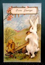 antique EASTER REAL RABBIT FUR PC humanized seesaw egg chick BYERLY lancaster pa picture