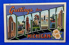 Postcard Greetings From Detroit Michigan Large Letter Buildings Bridge Fountain picture